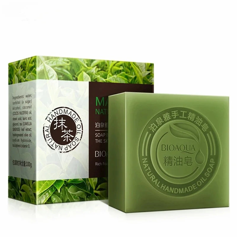 Organic Matcha Green Tea Handmade Soap Skin Whitening Moisturizing Face Cleansing Soap Remove Acne Cleansing Bath Bar Soap 100g